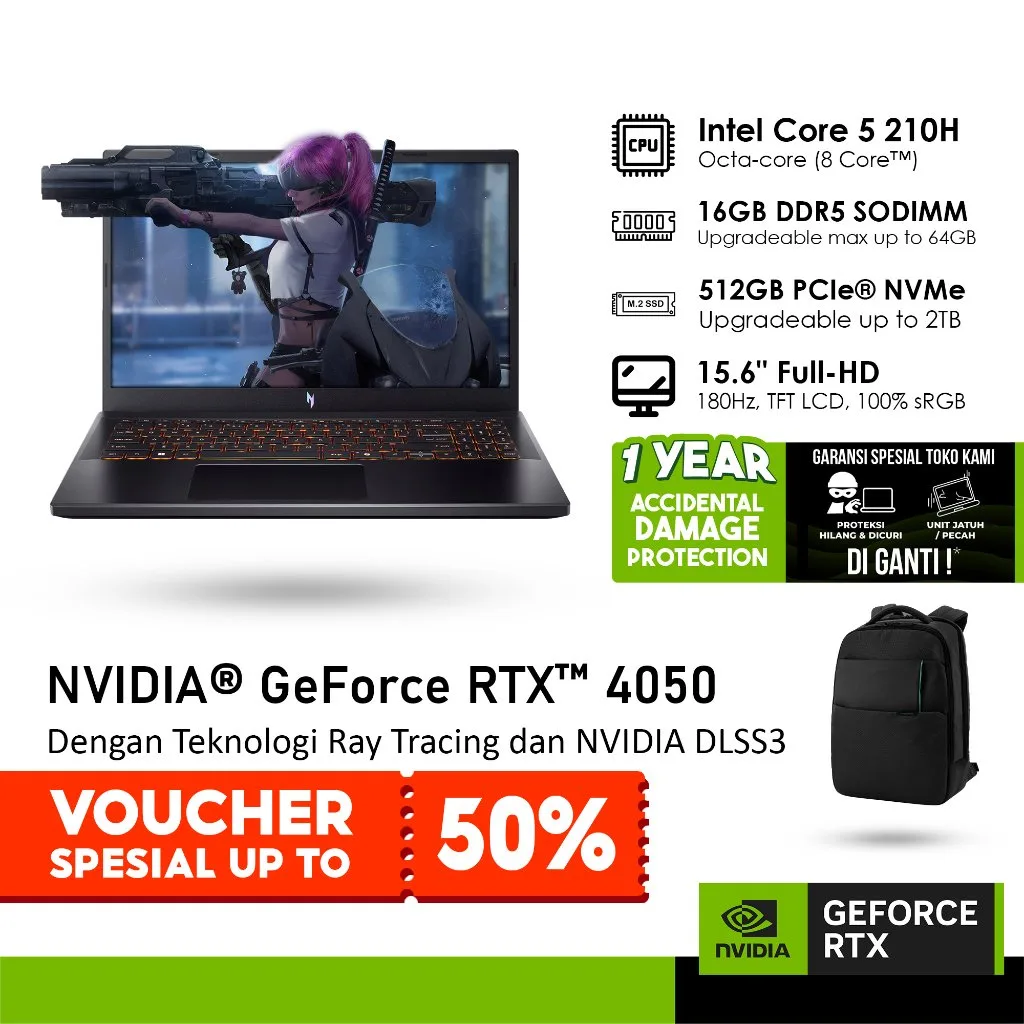[VOUCHER SPESIAL] ACER NITRO V 15 ANV15-52-51TE GeForce RTX™ 4050 6GB - CORE 5 210H 16GB 512GB WINDOWS 11 15.6 FHD IPS 180HZ 100SRGB
