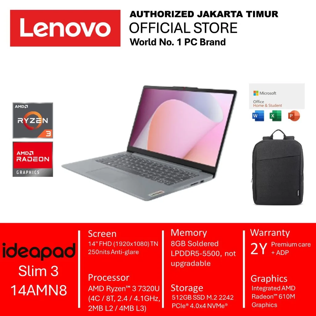 Laptop Lenovo Ideapad Slim 3 14 14AMN8 AMD Ryzen 3 7320U 8GB 512GB 14inch Full HD Windows 11 Office Home