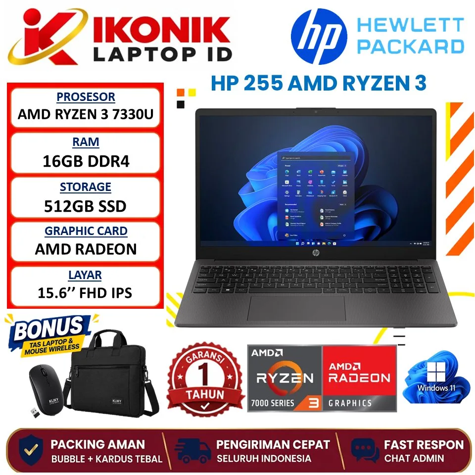 Laptop kerja HP 255 Amd Ryzen 3 7330U Ram 16GB 512GB SSD 15 Inch FHD IPS Windows 11 Pro