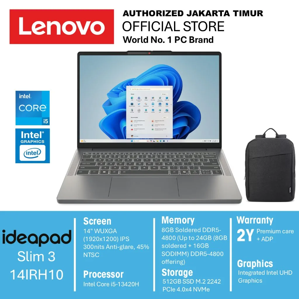 LAPTOP LENOVO IDEAPAD SLIM 3 14 I5 13420H RAM 8GB SSD 512GB W11+OHS+M365B LAYAR 14.0WUXGA IPS BLIT 2Y PREM+2ADP