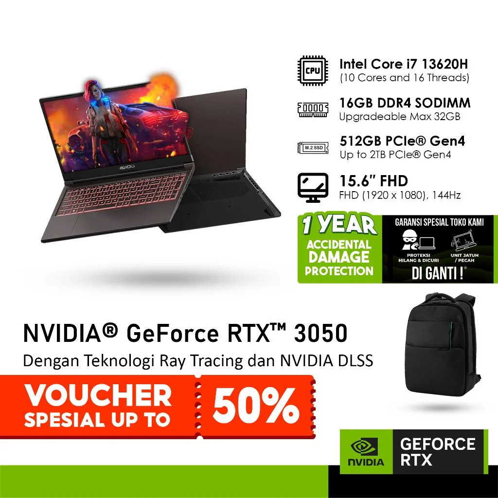 [VOUCHER SPESIAL] AXIOO PONGO 735 GeForce RTX™ 3050 6GB - i7 13620H 16GB 512GB WINDOWS 11 15.6 FHD 144HZ