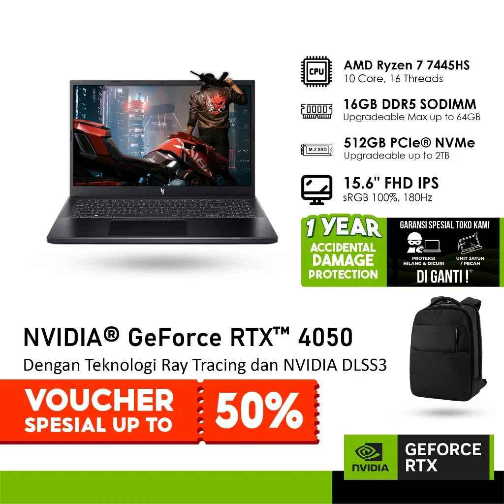 [VOUCHER SPESIAL] ACER NITRO V 15 ANV15-42-R60U GeForce RTX™ 4050 6GB - RYZEN 7 7445HS 16GB 512GB WINDOWS 11 15.6FHD 180HZ