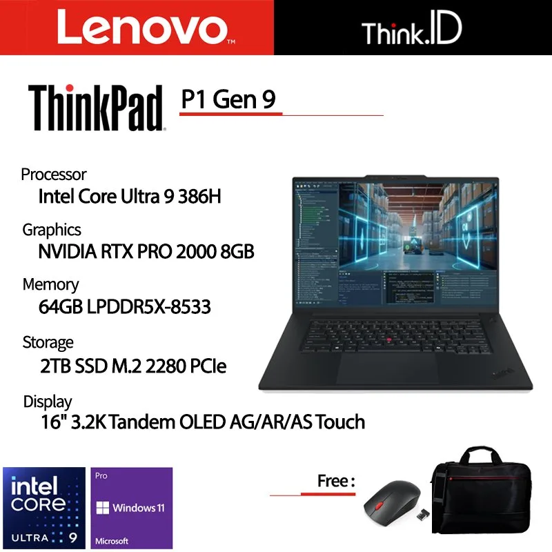 Lenovo ThinkPad P1 Gen 9 Ultra 9 386H 64GB 2TB SSD RTX PRO 2000 8GB 16" 3.2K Tandem OLED Touch IR Win11Pro