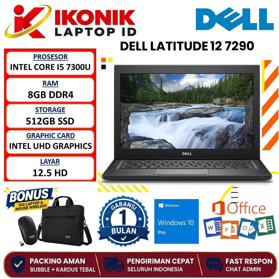 Laptop Kerja Dell Latitude 12 7290 Intel Core I5 7300U RAM 8GB 512GB SSD 12 Inch Windows 10 Pro