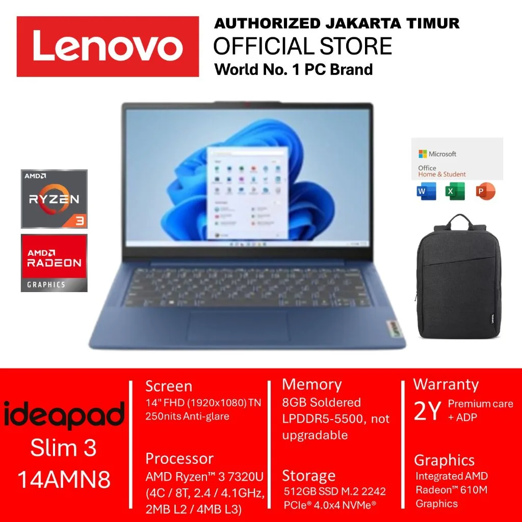 Laptop Lenovo Ideapad Slim 3 14 14AMN8 AMD Ryzen 3 7320U 8GB 512GB 14inch Full HD Windows 11 Office Home – foto 2